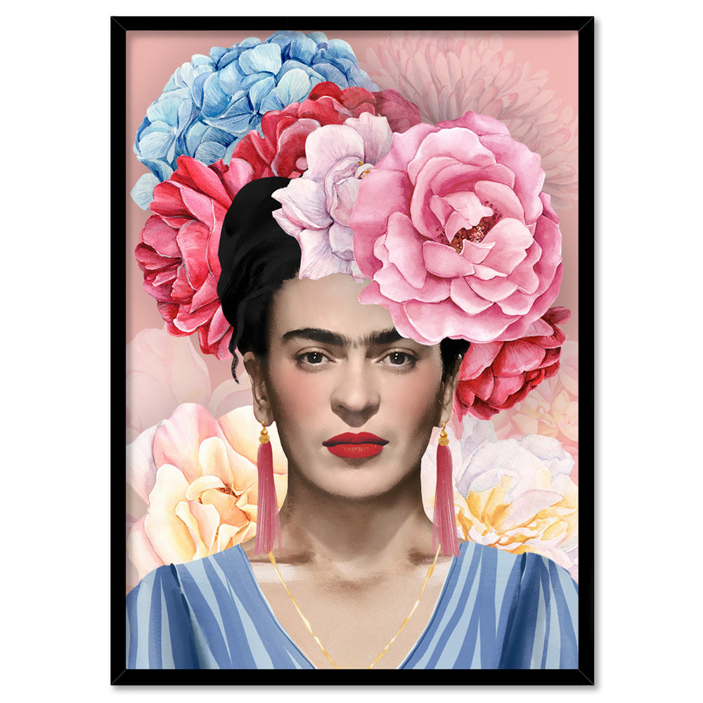 Frida Floral Blooms in Watercolour - Art Print, Poster, Stretched Canvas, or Framed Wall Art Print, shown in a black frame