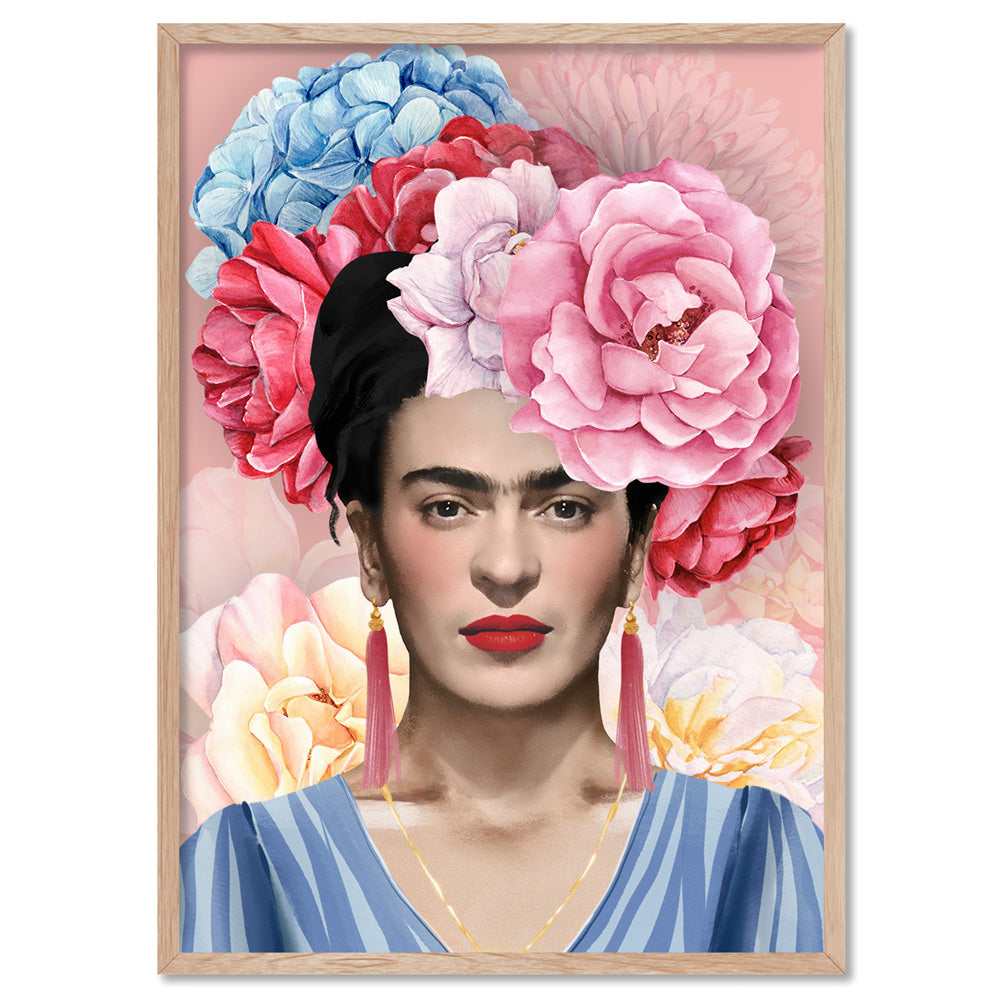 Frida Floral Blooms in Watercolour - Art Print, Poster, Stretched Canvas, or Framed Wall Art Print, shown in a natural timber frame