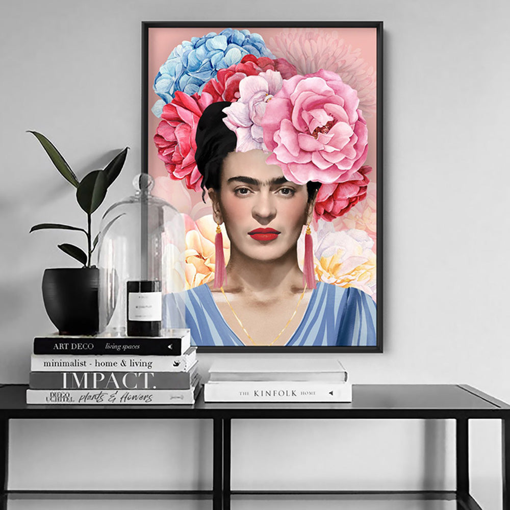 Frida Floral Blooms in Watercolour - Art Print, Poster, Stretched Canvas or Framed Wall Art Prints, shown framed in a room