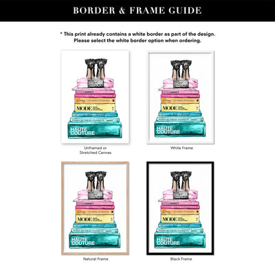 Fashion Book Stack in Rainbow Hues - Art Print, Poster, Stretched Canvas or Framed Wall Art, Showing White , Black, Natural Frame Colours, No Frame (Unframed) or Stretched Canvas, and With or Without White Borders