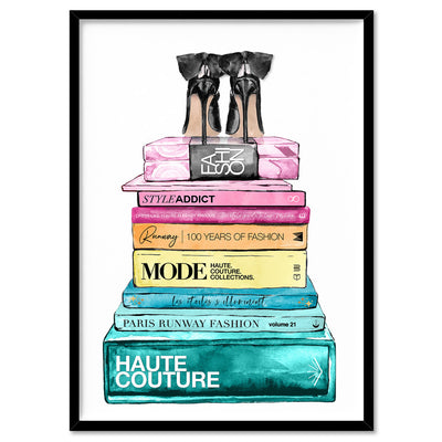 Fashion Book Stack in Rainbow Hues - Art Print, Poster, Stretched Canvas, or Framed Wall Art Print, shown in a black frame
