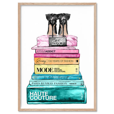 Fashion Book Stack in Rainbow Hues - Art Print, Poster, Stretched Canvas, or Framed Wall Art Print, shown in a natural timber frame