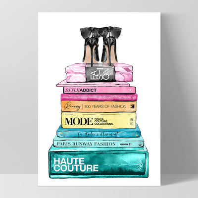 Fashion Book Stack in Rainbow Hues - Art Print, Poster, Stretched Canvas, or Framed Wall Art Print, shown as a stretched canvas or poster without a frame