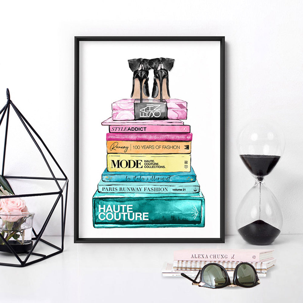Fashion Book Stack in Rainbow Hues - Art Print, Poster, Stretched Canvas or Framed Wall Art Prints, shown framed in a room