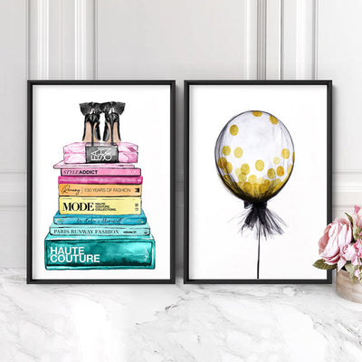 Fashion Book Stack in Rainbow Hues - Art Print, Poster, Stretched Canvas or Framed Wall Art, shown framed in a home interior space