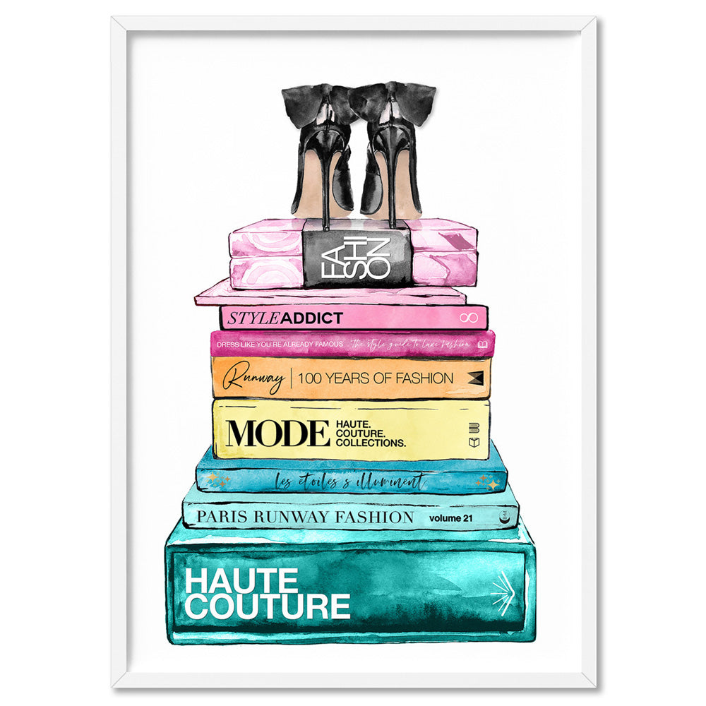 Fashion Book Stack in Rainbow Hues - Art Print, Poster, Stretched Canvas, or Framed Wall Art Print, shown in a white frame