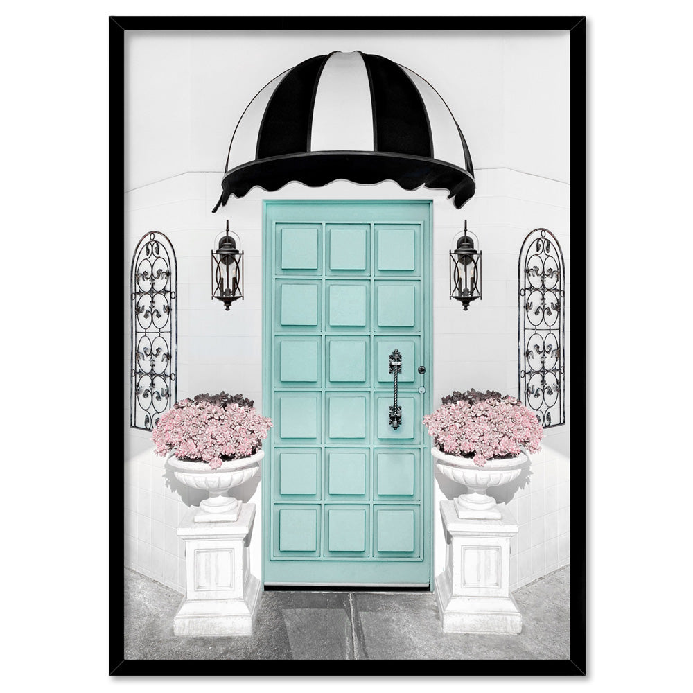 Tiffany Blue Entry at Parisian Cafe  - Art Print, Poster, Stretched Canvas, or Framed Wall Art Print, shown in a black frame