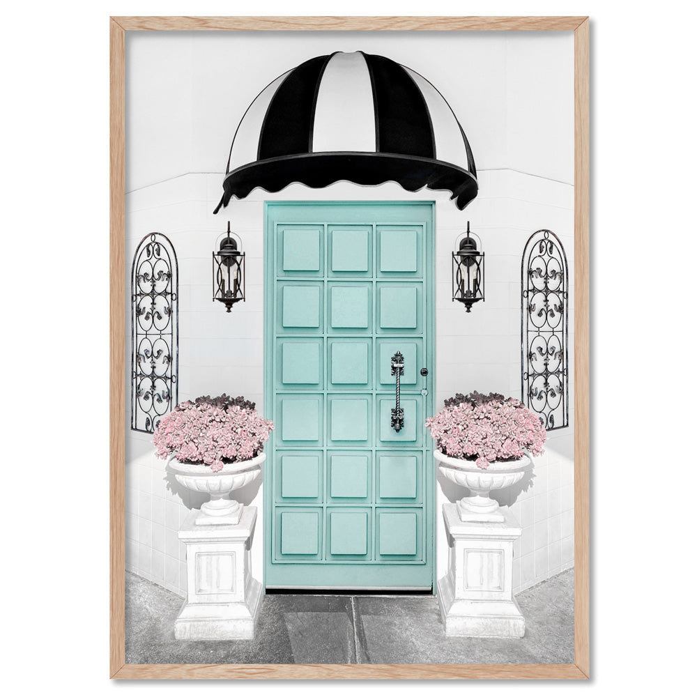 Tiffany Blue Entry at Parisian Cafe  - Art Print, Poster, Stretched Canvas, or Framed Wall Art Print, shown in a natural timber frame