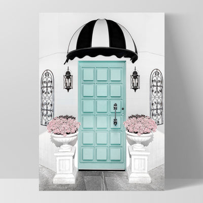 Tiffany Blue Entry at Parisian Cafe  - Art Print, Poster, Stretched Canvas, or Framed Wall Art Print, shown as a stretched canvas or poster without a frame