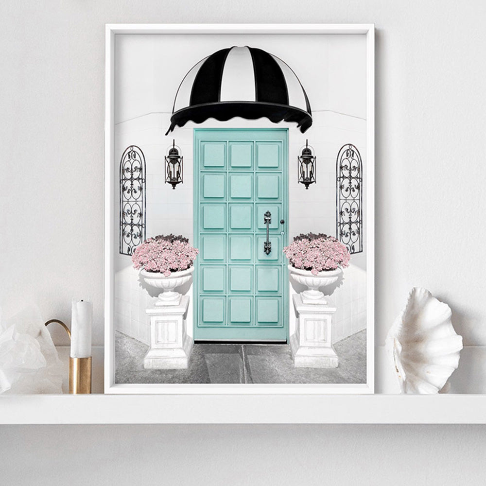 Tiffany Blue Entry at Parisian Cafe  - Art Print, Poster, Stretched Canvas or Framed Wall Art Prints, shown framed in a room