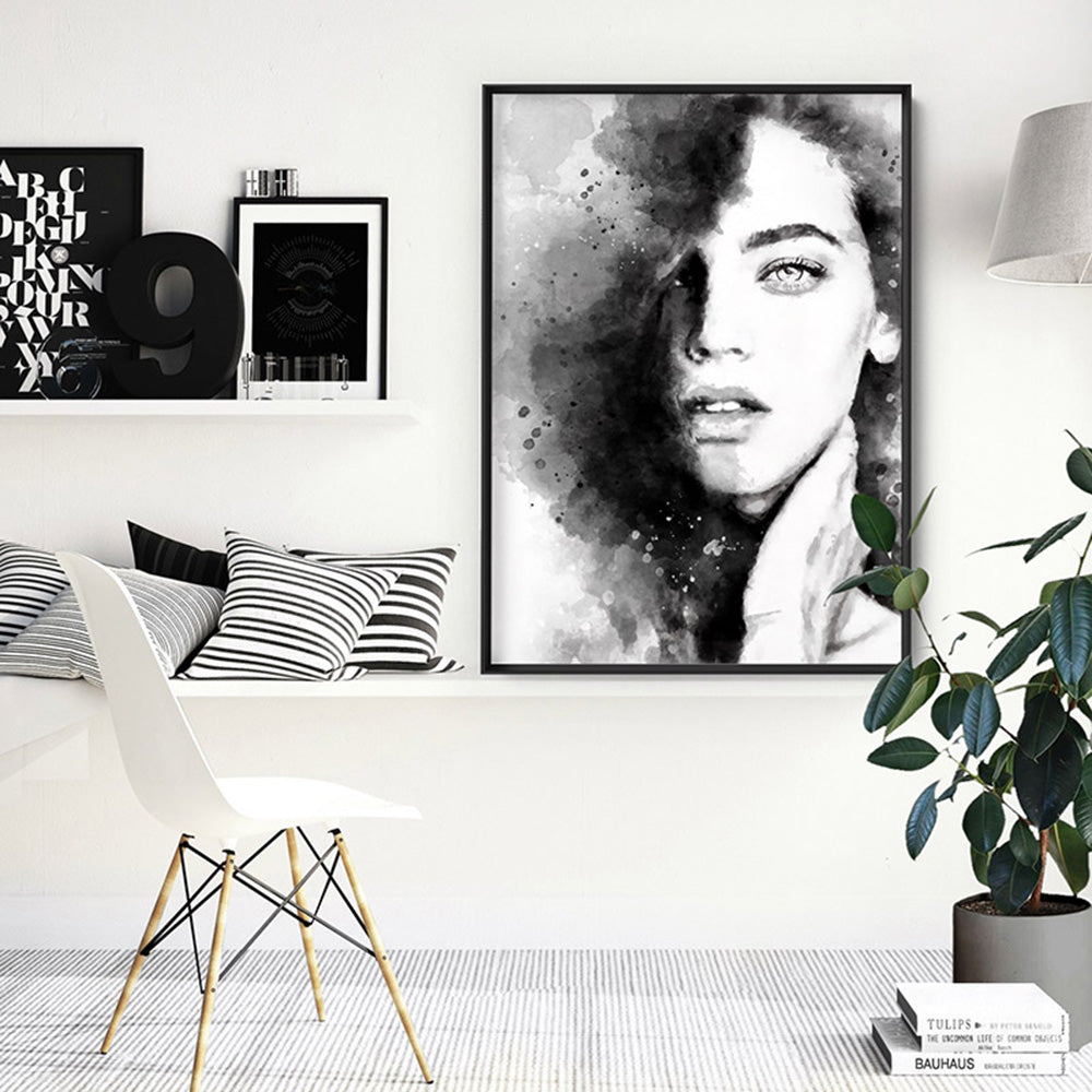 Evelyn Black & White  - Art Print by Vanessa, Poster, Stretched Canvas or Framed Wall Art Prints, shown framed in a room