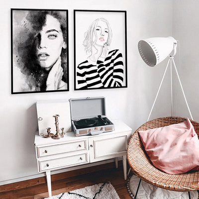 Evelyn Black & White  - Art Print by Vanessa, Poster, Stretched Canvas or Framed Wall Art, shown framed in a home interior space