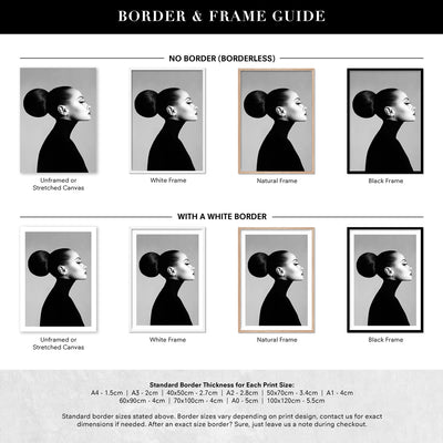 Sofia Silhouette - Art Print, Poster, Stretched Canvas or Framed Wall Art, Showing White , Black, Natural Frame Colours, No Frame (Unframed) or Stretched Canvas, and With or Without White Borders