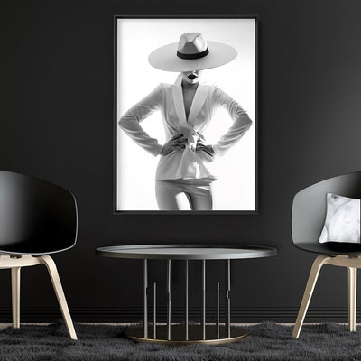 Scarlett Tuxedo - Art Print, Poster, Stretched Canvas or Framed Wall Art Prints, shown framed in a room