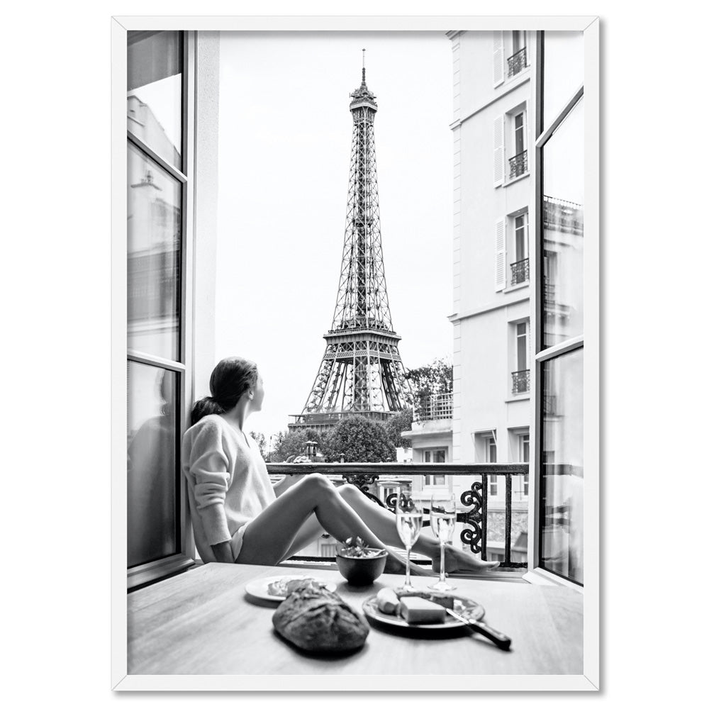 Breakfast in Paris - Art Print, Poster, Stretched Canvas, or Framed Wall Art Print, shown in a white frame