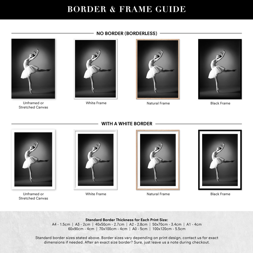 Ballerina Pose IV - Art Print, Poster, Stretched Canvas or Framed Wall Art, Showing White , Black, Natural Frame Colours, No Frame (Unframed) or Stretched Canvas, and With or Without White Borders