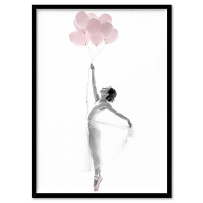 Pink Balloon Ballet I  - Art Print, Poster, Stretched Canvas, or Framed Wall Art Print, shown in a black frame