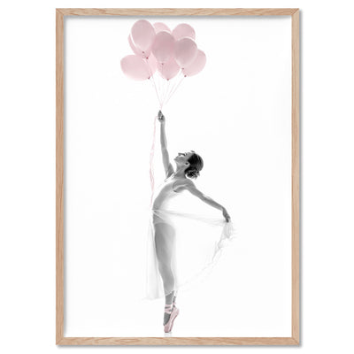 Pink Balloon Ballet I  - Art Print, Poster, Stretched Canvas, or Framed Wall Art Print, shown in a natural timber frame
