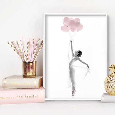 Pink Balloon Ballet I  - Art Print, Poster, Stretched Canvas or Framed Wall Art Prints, shown framed in a room