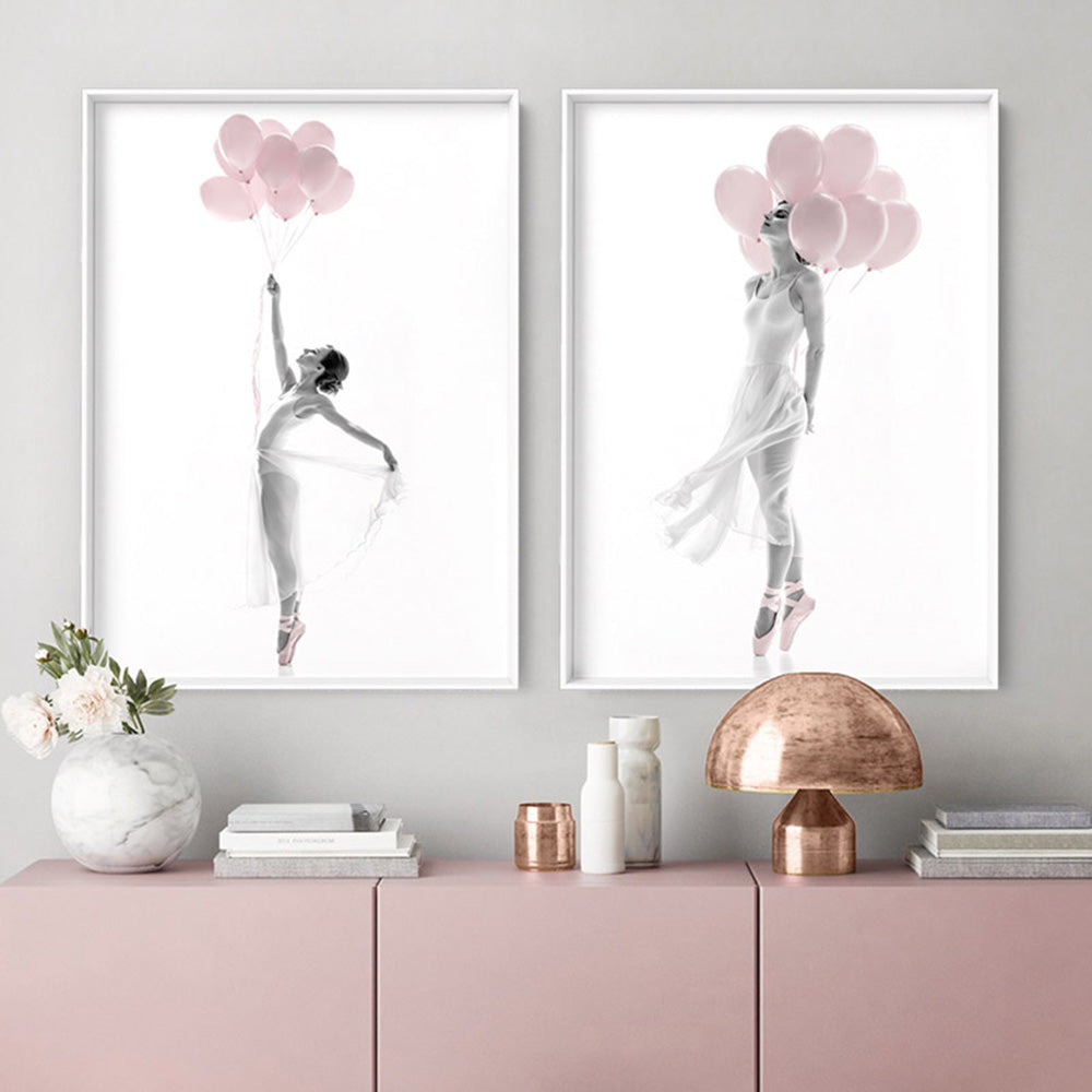 Pink Balloon Ballet I  - Art Print, Poster, Stretched Canvas or Framed Wall Art, shown framed in a home interior space