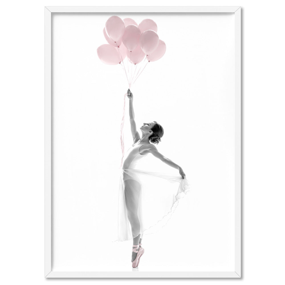Pink Balloon Ballet I  - Art Print, Poster, Stretched Canvas, or Framed Wall Art Print, shown in a white frame