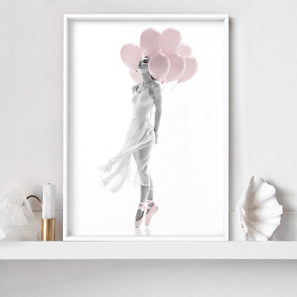 Pink Balloon Ballet II  - Art Print, Poster, Stretched Canvas or Framed Wall Art Prints, shown framed in a room