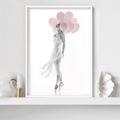 Pink Balloon Ballet II  - Art Print, Poster, Stretched Canvas or Framed Wall Art Prints, shown framed in a room
