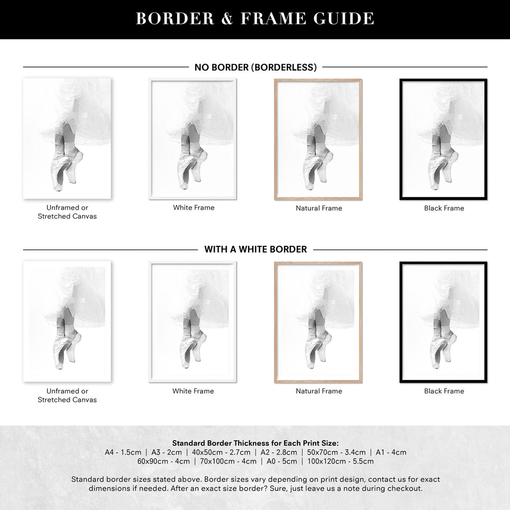 Ballerina Tiptoes I - Art Print, Poster, Stretched Canvas or Framed Wall Art, Showing White , Black, Natural Frame Colours, No Frame (Unframed) or Stretched Canvas, and With or Without White Borders