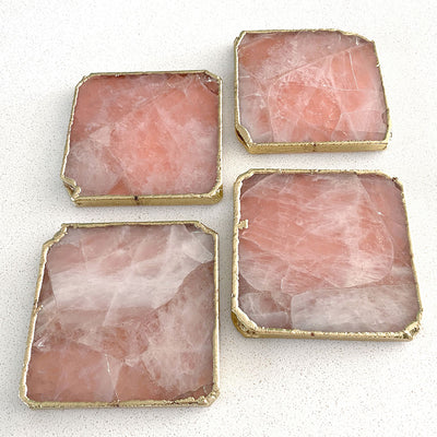 Agate Gold Edged Coasters in Rose Quartz. Set of 4. Close up view