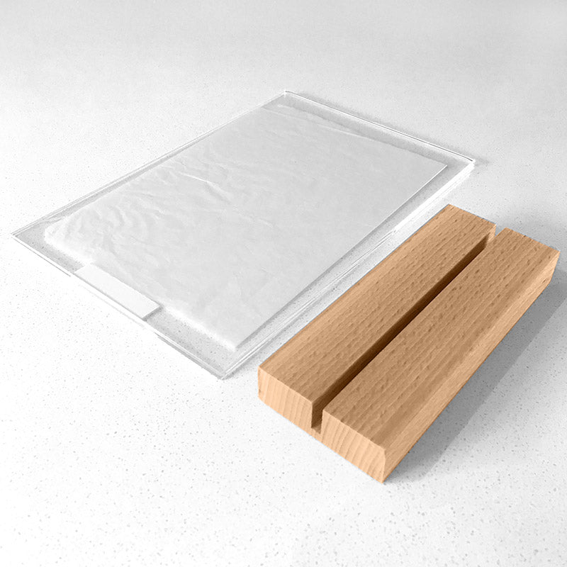 Clear Acrylic Photo Frame with Natural Wood Base, showing all components laid flat on table