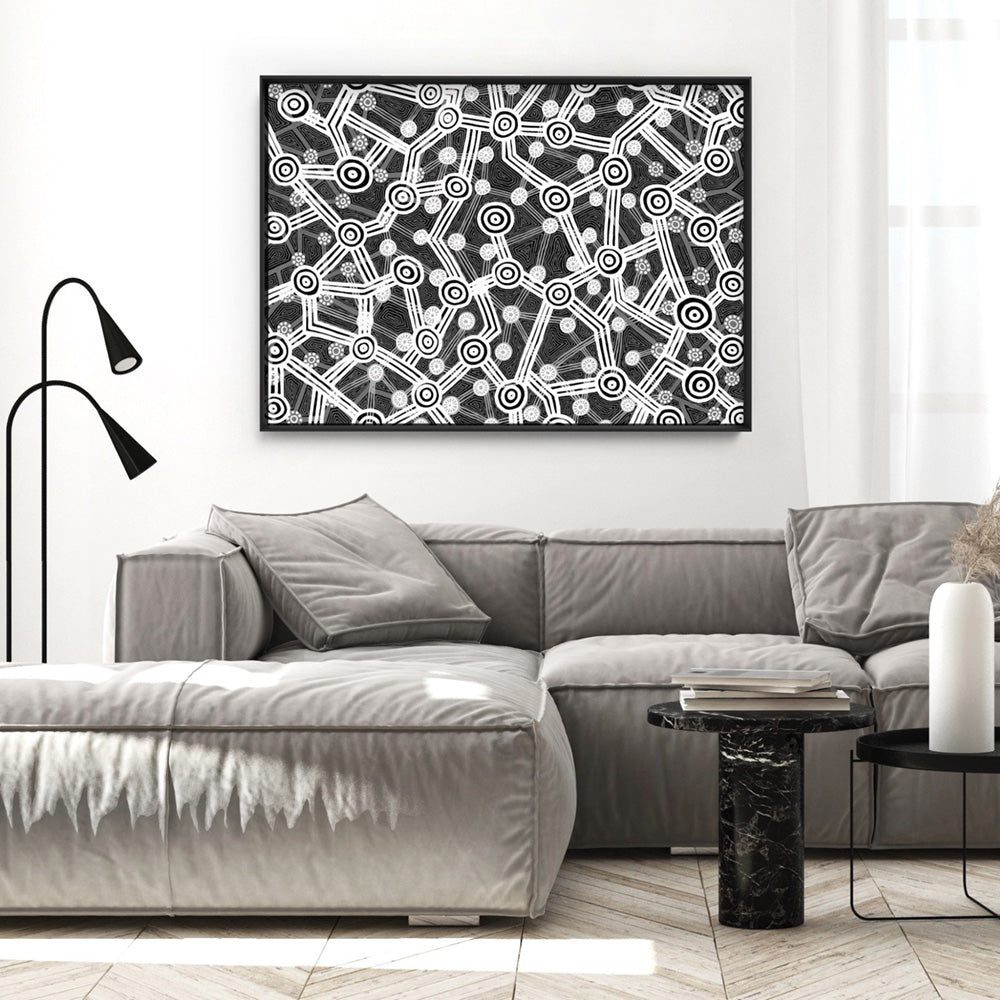 Connected Journey in Landscape B&W - Art Print by Leah Cummins, Poster, Stretched Canvas or Framed Wall Art Prints, shown framed in a room