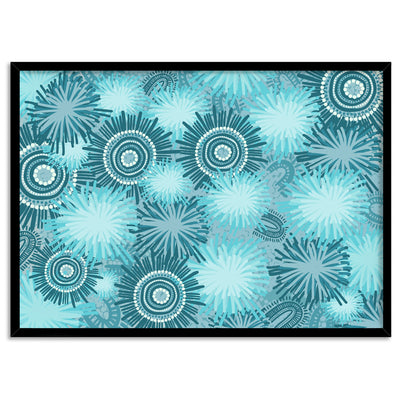 Spinifex on Country | Blue - Art Print by Leah Cummins, Poster, Stretched Canvas, or Framed Wall Art Print, shown in a black frame
