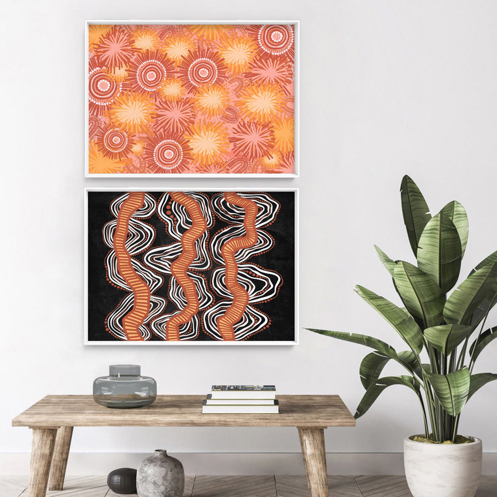 Spinifex on Country | Orange - Art Print by Leah Cummins, Poster, Stretched Canvas or Framed Wall Art, shown framed in a home interior space
