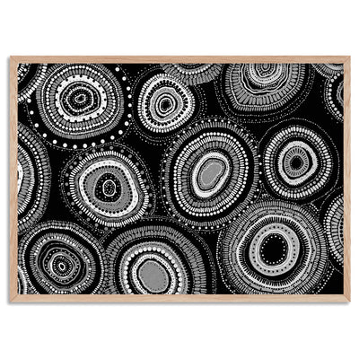 Dancing Bora Rings Landscape B&W - Art Print by Leah Cummins, Poster, Stretched Canvas, or Framed Wall Art Print, shown in a natural timber frame