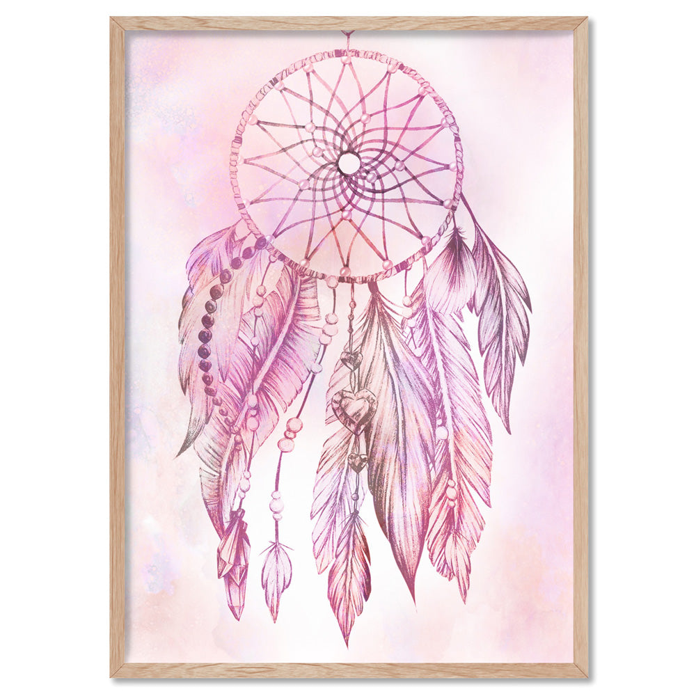 Dreamcatcher in Pink - Art Print, Poster, Stretched Canvas, or Framed Wall Art Print, shown in a natural timber frame