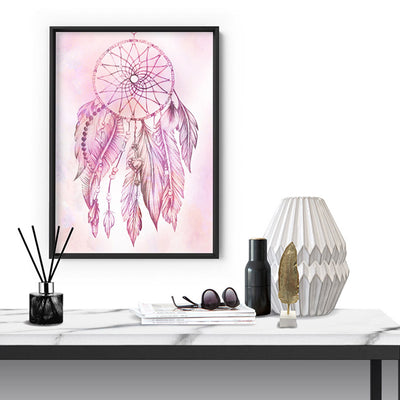Dreamcatcher in Pink - Art Print, Poster, Stretched Canvas or Framed Wall Art Prints, shown framed in a room