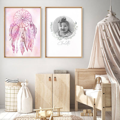 Dreamcatcher in Pink - Art Print, Poster, Stretched Canvas or Framed Wall Art, shown framed in a home interior space