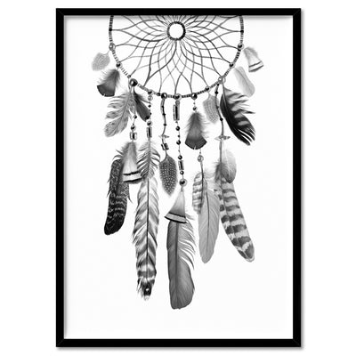 Dreamcatcher in Black and White - Art Print, Poster, Stretched Canvas, or Framed Wall Art Print, shown in a black frame