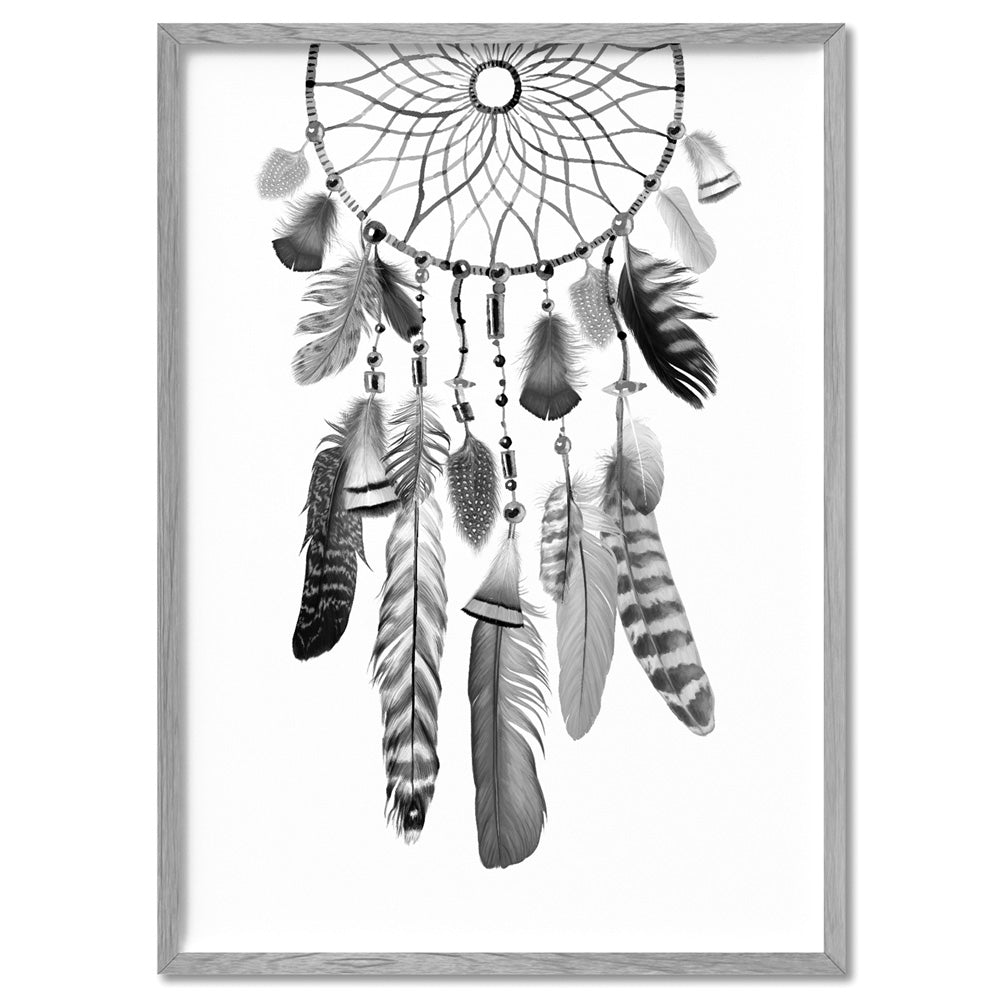 Dreamcatcher in Black and White - Art Print, Poster, Stretched Canvas, or Framed Wall Art Print, shown in a natural timber frame