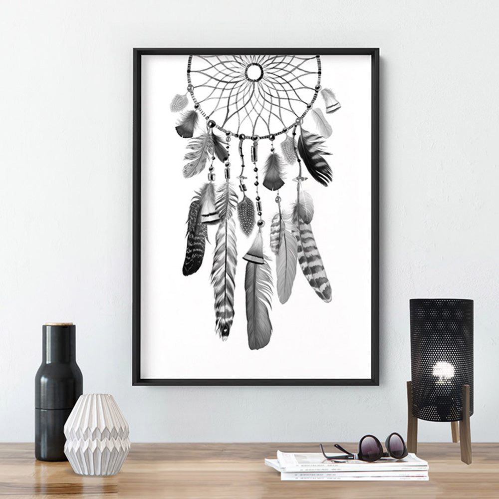 Dreamcatcher in Black and White - Art Print, Poster, Stretched Canvas or Framed Wall Art Prints, shown framed in a room
