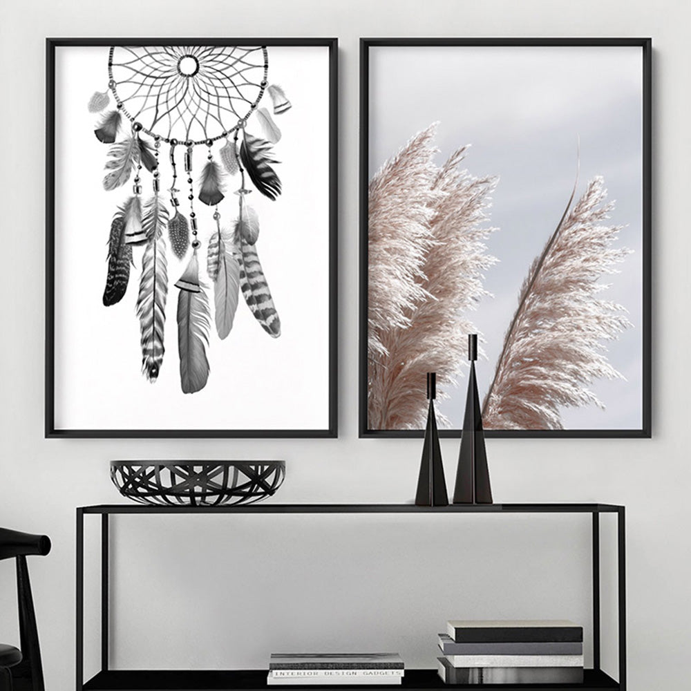 Dreamcatcher in Black and White - Art Print, Poster, Stretched Canvas or Framed Wall Art, shown framed in a home interior space