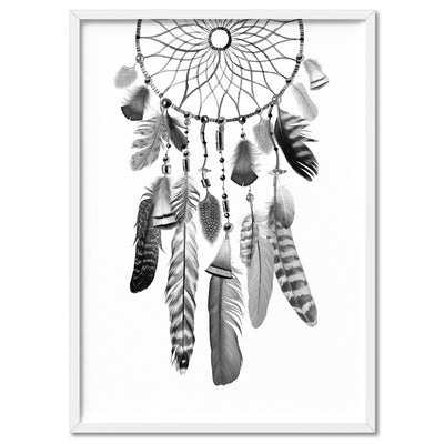 Dreamcatcher in Black and White - Art Print, Poster, Stretched Canvas, or Framed Wall Art Print, shown in a white frame
