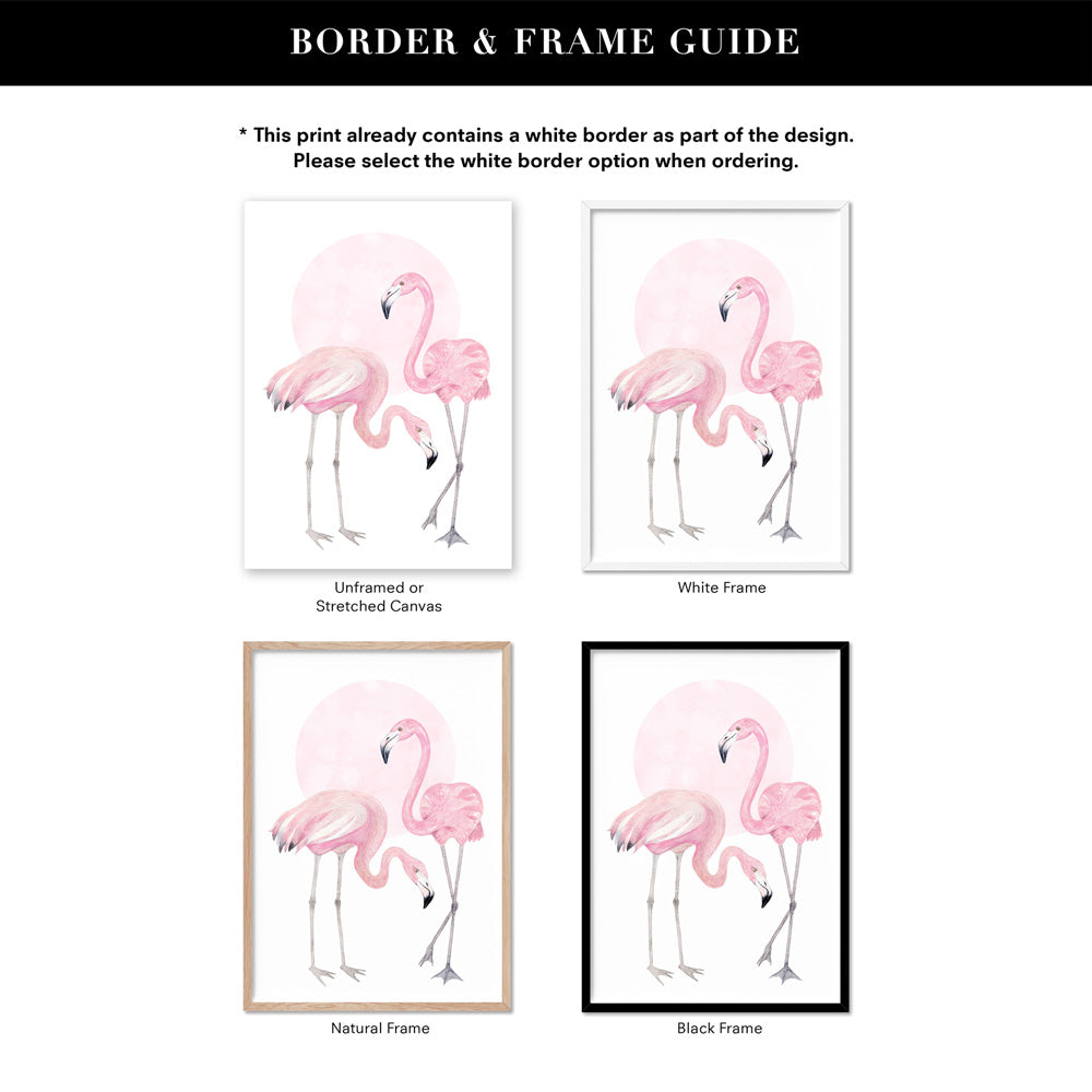 Flamingo Duo in Watercolours - Art Print, Poster, Stretched Canvas or Framed Wall Art, Showing White , Black, Natural Frame Colours, No Frame (Unframed) or Stretched Canvas, and With or Without White Borders