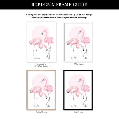 Flamingo Duo in Watercolours - Art Print, Poster, Stretched Canvas or Framed Wall Art, Showing White , Black, Natural Frame Colours, No Frame (Unframed) or Stretched Canvas, and With or Without White Borders