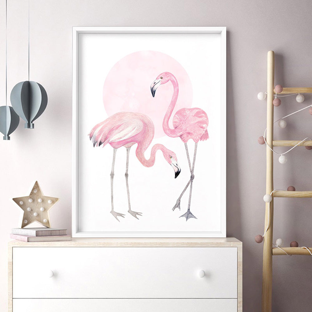 Flamingo Duo in Watercolours - Art Print, Poster, Stretched Canvas or Framed Wall Art Prints, shown framed in a room