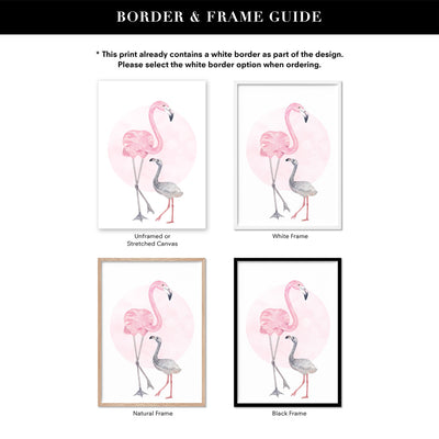 Flamingo Mother & Baby in Watercolours - Art Print, Poster, Stretched Canvas or Framed Wall Art, Showing White , Black, Natural Frame Colours, No Frame (Unframed) or Stretched Canvas, and With or Without White Borders