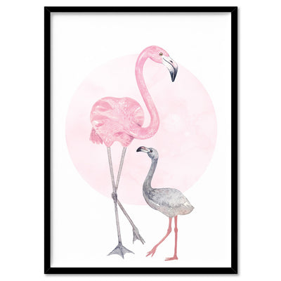 Flamingo Mother & Baby in Watercolours - Art Print, Poster, Stretched Canvas, or Framed Wall Art Print, shown in a black frame