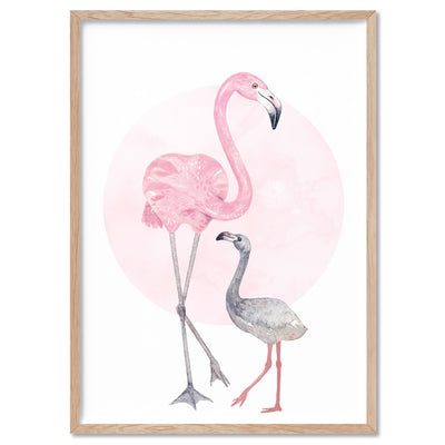 Flamingo Mother & Baby in Watercolours - Art Print, Poster, Stretched Canvas, or Framed Wall Art Print, shown in a natural timber frame