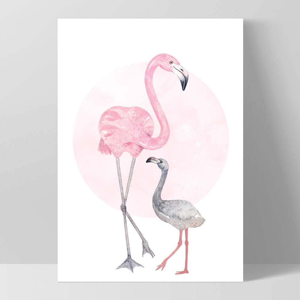 Flamingo Mother & Baby in Watercolours - Art Print, Poster, Stretched Canvas, or Framed Wall Art Print, shown as a stretched canvas or poster without a frame