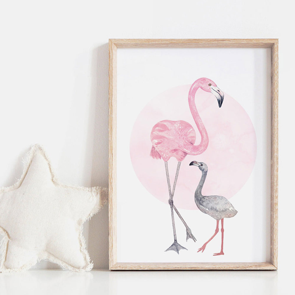 Flamingo Mother & Baby in Watercolours - Art Print, Poster, Stretched Canvas or Framed Wall Art Prints, shown framed in a room